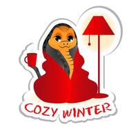 Sticker with symbol of the 2025 year. Cute little snake sitting with cup of tee. Colorful design for social media communication, networking, website badges, greeting cards. vector