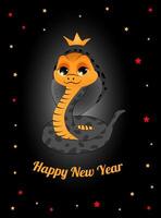 New Year postcard with symbol of the year. Cute snake on black background. Illustration in vertical format A4, A5. vector