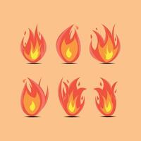 Thiillustration displays six dynamic flame icons with a vibrant color palette of orange, red, and yellow. Perfect for energy, fire safety, or decorative projects, it offers a modern, flat design style vector