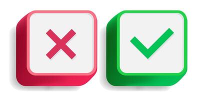 Check mark and cross button set 3d style vector