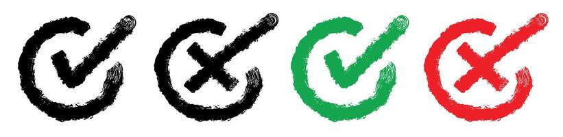 Check mark, tick and cross brush drawn symbol vector
