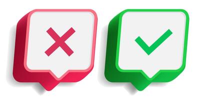 Check mark and cross sign set 3d style vector