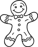Black Outline Gingerbread Man Cookie Illustration with Smiling Face and Bowtie vector