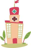 Cartoon Hospital Building Illustration with Medical Symbols and Greenery vector
