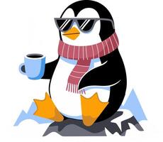 Cool Penguin Relaxing with Coffee in Winter Scarf on Snowy Iceberg Art vector