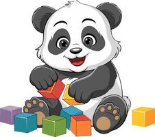 Cute Panda Playing With Colorful Building Blocks Illustration vector