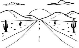 Desert Highway Sunset Illustration with Cactus and Mountain Landscape vector