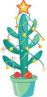 Festive Cactus Christmas Tree with Star and Lights in Colorful Pot Art vector
