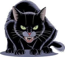 Fierce Black Cat With Green Eyes In Aggressive Crouch Illustration vector