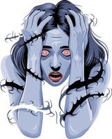 Horrified Woman with Red Eyes and Torn Vines Illustration vector