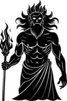 Mythical Fire God Silhouette Illustration with Torch and Flowing Beard vector