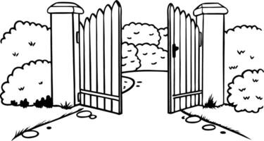 Open Garden Gate in a Scenic Landscape Illustration vector