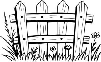 Rustic Wooden Fence with Wildflowers and Grass Illustration vector