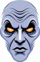 Scary Blue Alien Face with Glowing Yellow Eyes Art Illustration vector