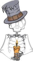 Skeleton Holding Candle Wearing Tattered Top Hat Art for Halloween Design vector