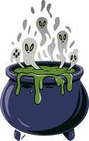 Spooky Halloween Cauldron with Ghostly Spirits and Green Potion vector