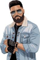 Trendy Bearded Man with Sunglasses and Denim Jacket Art vector