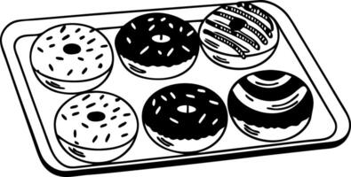 Illustration Assorted Donuts on Baking Tray in Monochrome Style vector