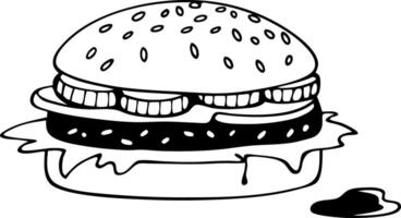 Illustration Black and White Burger with Toppings and Sesame Seed Bun vector