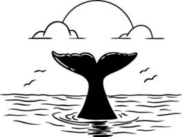Whale Tail Silhouette in Ocean with Clouds and Birds Illustration vector