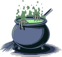 Witchy Cauldron with Skeleton Hands and Magical Green Potion Art vector