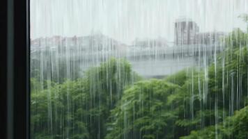 An atmospheric scene of heavy rain pouring down on a window, creating a soothing and peaceful ambiance. The droplets form intricate patterns on the glass, emphasizing the beauty. video