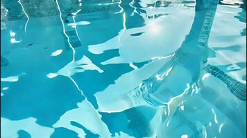 This serene captures the calm, clear surface of a swimming pool with gentle ripples, creating a peaceful atmosphere. Ideal for relaxation-themed content and pool promotions. video