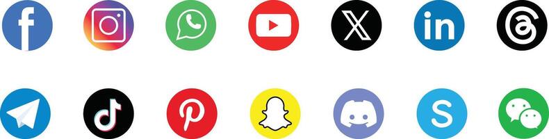 social applications logo icon collection. Facebook, instagram, youtube, X, twitter, tiktok, telegram, whatsapp threads app and snapchat, pinterest, discord, skype, we chat vector
