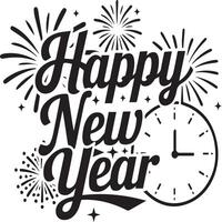 Happy new year lettering with clock and fireworks vector
