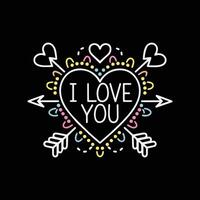 I love you lettering with arrows and hearts on a black background vector