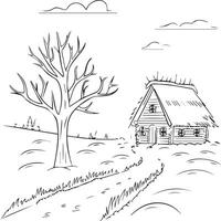 Winter landscape with a house and tree illustration vector