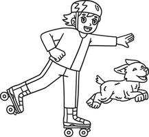 Roller Skating Boy with Pet Isolated Coloring Page vector