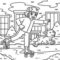 Roller Skating Boy with Pet Coloring Page for Kids vector