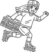 Female Inline Skater with Radio Isolated Coloring vector