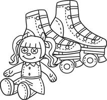 Roller Skates and Doll Isolated Coloring Page vector