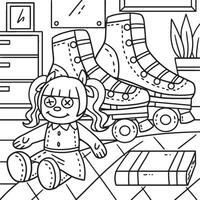 Roller Skates and Doll Coloring Page for Kids vector