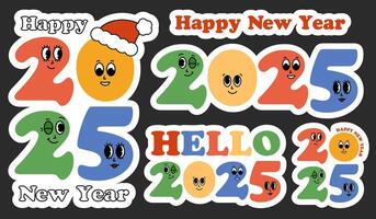 2025 Happy New Year stickers pac. Groovy cartoon characters. Funny retro set of 2025 mascot with face emotion. Comic elements in trendy retro cartoon style. illustration vector