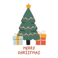 Merry Christmas simple card on white background with hand written text. Christmas tree flat design for poster, card, sticker. vector