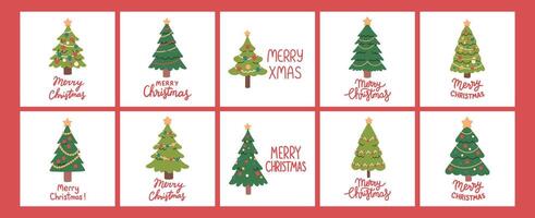 Christmas tree card set on white background with hand written text. Simple Christmas tree flat design with decoration. vector