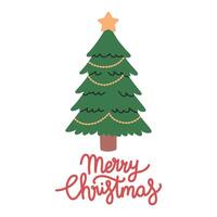 Merry Christmas simple card on white background with hand written text. Dark green Christmas tree flat design with christmas balls. vector