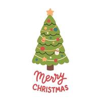 Merry Christmas simple card on white background with hand written text. Green Christmas tree flat design with christmas balls. vector