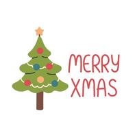 Merry Christmas simple card on white background with hand written text. Small Christmas tree flat design with christmas balls. vector