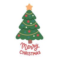 Merry Christmas simple card on white background with hand written text. Cute Christmas tree with christmas balls. Flat christmas tree illustration vector
