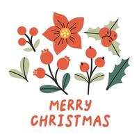 Merry Christmas simple card on white background with hand written text, mistletoe. Christmas flat design for poster, card, sticker. vector