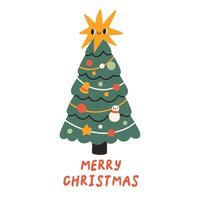 Merry Christmas simple card on white background with hand written text. Christmas tree flat design for poster, card, sticker. vector