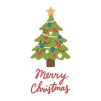 Merry Christmas simple card on white background with hand written text. Light green Christmas tree flat design with christmas balls. vector