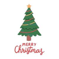 Merry Christmas simple card on white background with hand written text. Simple Christmas tree flat design with christmas balls. vector