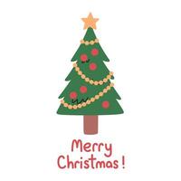 Merry Christmas simple card on white background with hand written text. Dark green Christmas tree with christmas balls. Flat christmas tree illustration vector