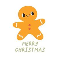 Merry Christmas simple card on white background with hand written text, gingerbread cookie. Christmas flat design for poster, card, sticker. vector