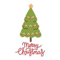 Merry Christmas simple card on white background with hand written text. Green Christmas tree with christmas balls. Flat christmas tree illustration vector